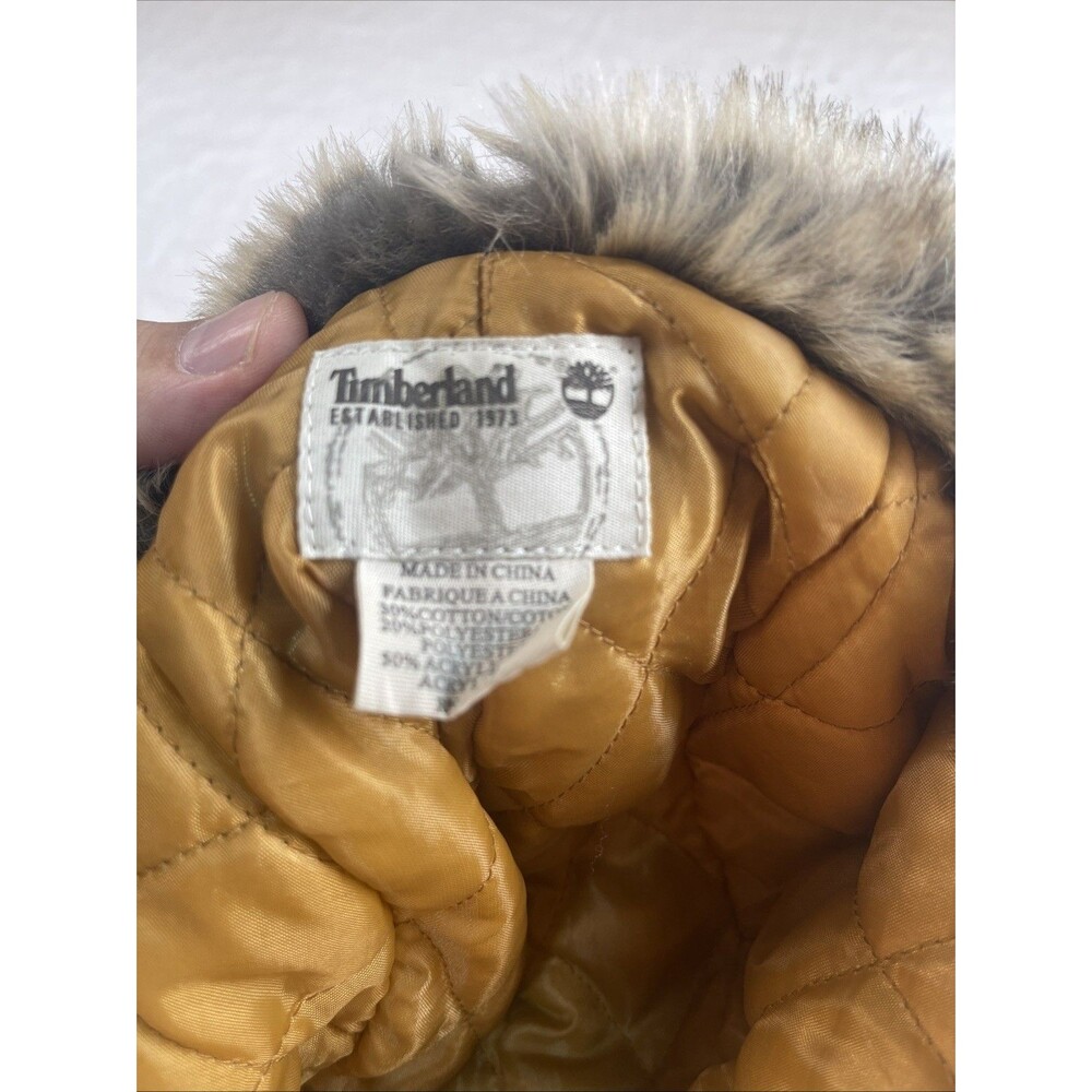 Timberland EUC Canvas Trapper Hat Tan Brown Faux Fur Aviator Winter Bomber Cap - Picture 6 of 9